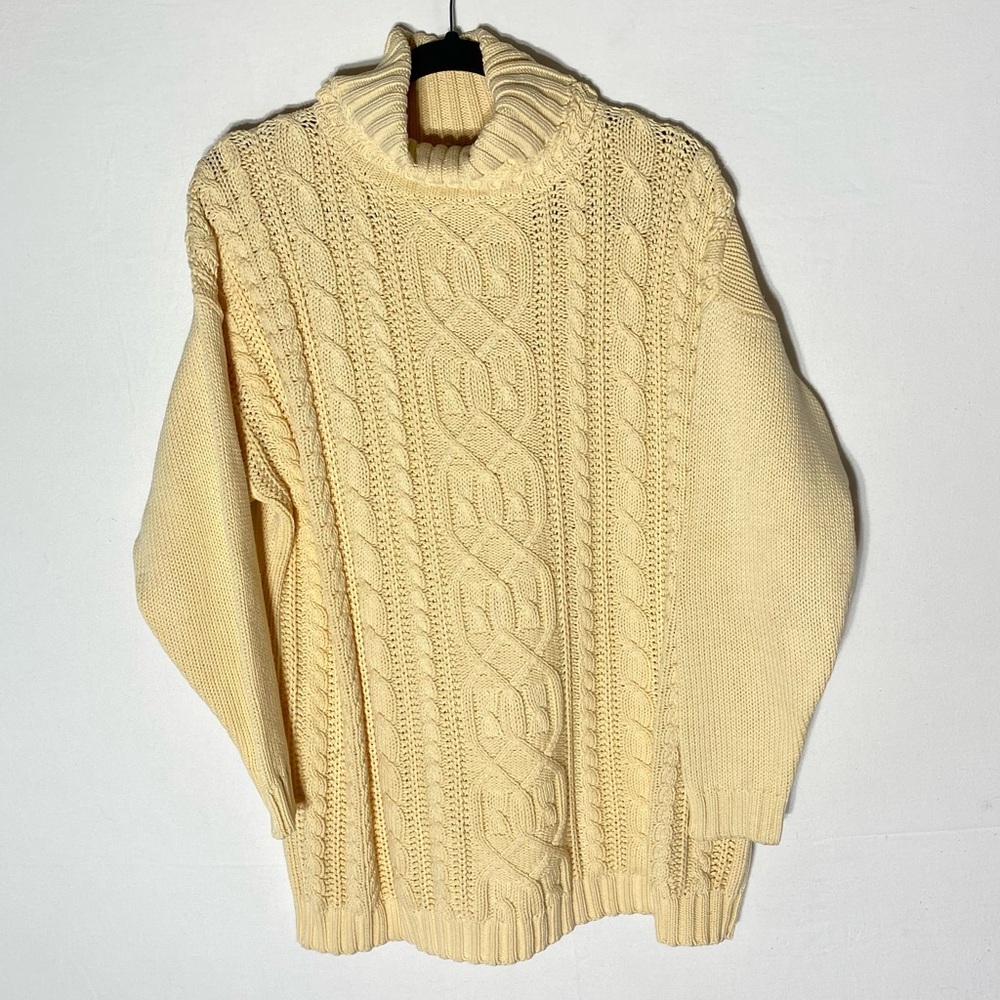 Vintage 90s Casual Connection Butter Yellow Cotton Cable Knit Mock Neck Sweater